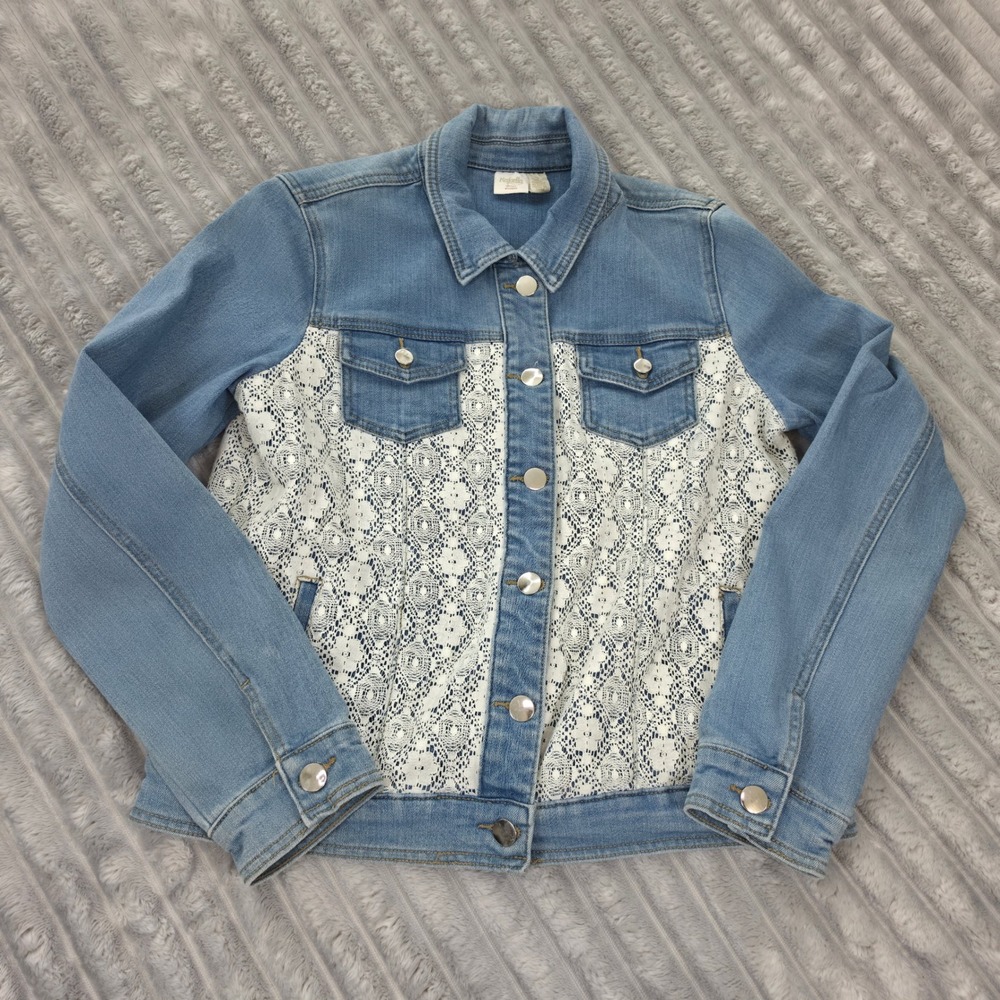 Rafaella Sport Studio Blue Denim Lace Overlay Button Front Jacket Womens Size 10